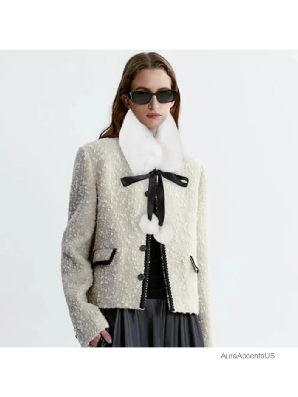 Women's Winter Faux Fur Scarf Self Tie Neck Warmer with Pom Pom
